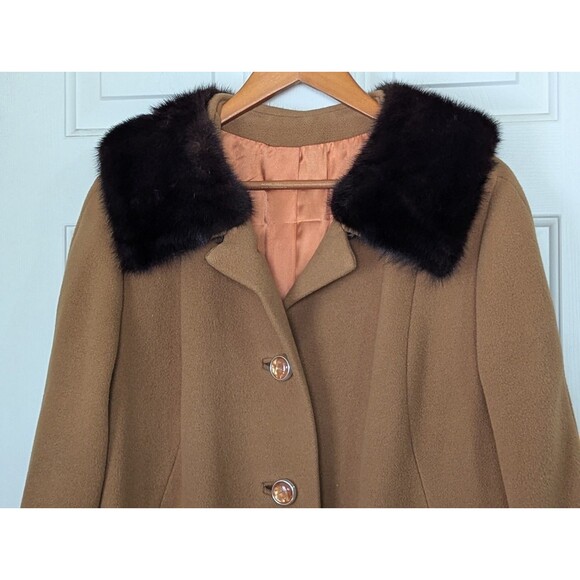 VTG 50s Chinese Cashmere Long Coat Fur Collar Womens XL Carmel Brown USA Made - Picture 2 of 14